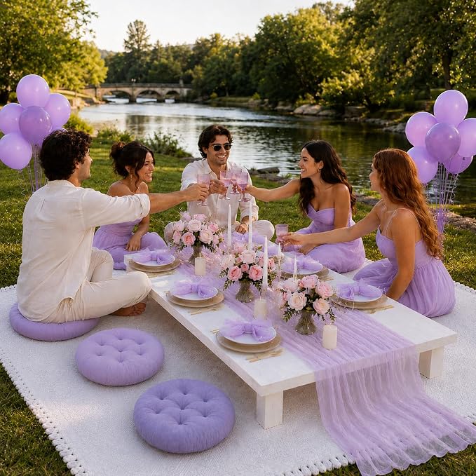Cinrobiye Boho Picnic Party Set for Outdoor, Aesthetic Picnic Setup with Large Picnic Blanket, Floor Cushions, Table Runner, Napkins, Balloons for Wedding, Bridal Shower, Birthday(Purple)