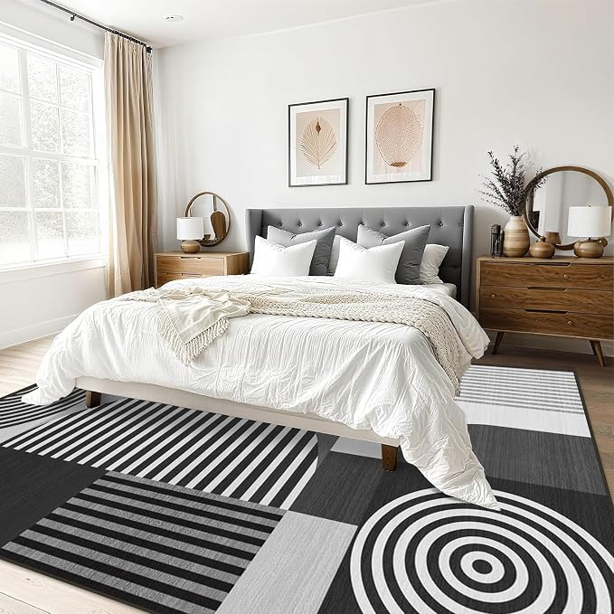 Area Rug 5x7 Grey Geometric Rug for Living Room Black White Machine Washable Gray Minimalist Mid Century Modern Rugs Non Slip Low Pile Large Dining Room Indoor Floor Carpet for Bedroom Office