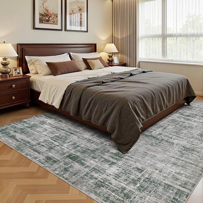 UERMEI 5x7 Area Rug for Living Room Washable Abstract Grey/Green Carpet | Low Pile Non-Slip Soft Neutral Modern Kid Pet Friendly Large Rugs For Bedroom Dining Room Nursery Office Indoor Decor
