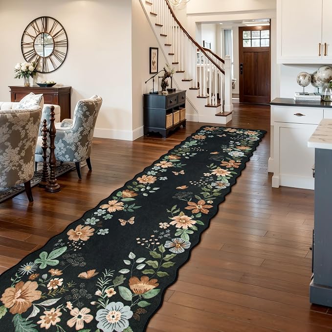 Lahome Floral Hallway Runner Rug, 2'6''x10' Soft Washable Kitchen Runner | Non Slip Ultra-Thin Soft Kitchen Runners for Hallways, Carpet for Entryway Bathroom Flore (Black/Grey)