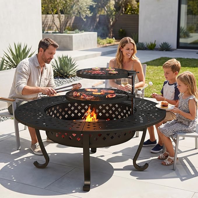 Wisteria Lane 3 in 1 48" Extra Large Fire Pit for Outside Wood Burning with 2 Adjustable Grills, Outdoor Fireplace with Lid and Fire Poker, BBQ & Bonfire & Round Metal Table for Patio, Backyard