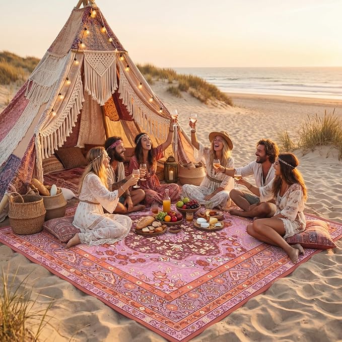 Mindsoft Boho Picnic Blankets 80''x 80'' Extra Large Beach Blanket Waterproof Sandproof Foldable Machine Washable Vintage Grass Lawn Park Mat for Family Camping Party Music Festival