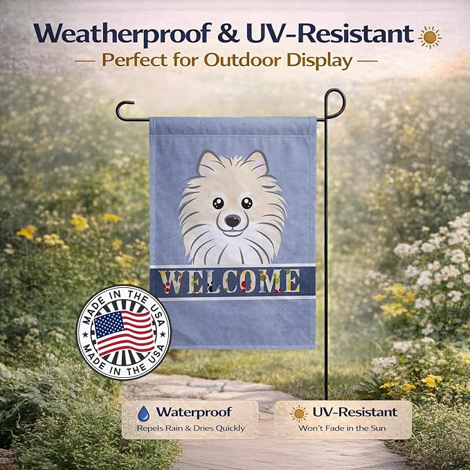 Caroline's Treasures BB1393GF Pomeranian Welcome Garden Flag, Blue Mailbox Flag Decorative Yard Flag Banner Outside Patio Artwork Yard Flower Beds, Garden Size, Multicolor