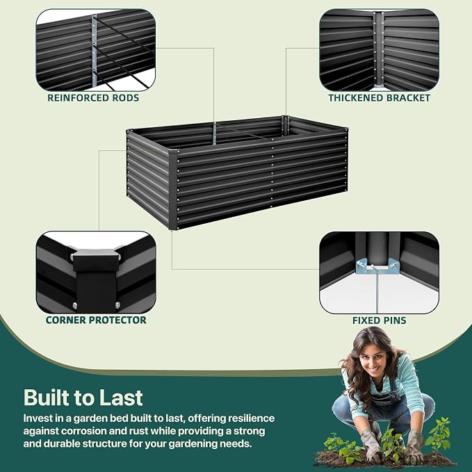 Raised Garden Bed 6x3x2ft, Galvanized Raised Garden Beds Outdoor for Vegetables Flowers Herbs, Steel Large Deep Planter Box, Tall Raised Garden Bed with 3ftx30ft Weed Barrier Fabric and Glove, Black