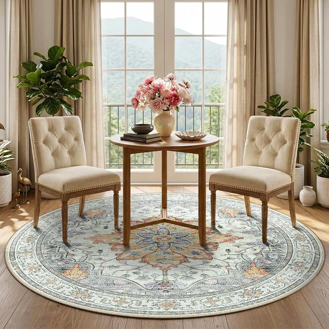 RELEANY Washable Area Rug, Round 5ft, Beige/Carbon Grey/Orange | Non-Slip, Water Repellent, Pet Friendly, Easy to Clean, Vintage Floral Boho Decor for Living Room Bedroom Dining Room