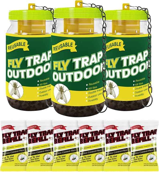 3 Pack Reusable Fly Traps Outdoor, Fly Killer Catcher Jar with 6 Natural Fly Bait Refills Lure, Flies Bug Insect Trap Control Outdoor Hanging for Outside Barns, Stable, Farm, Patio