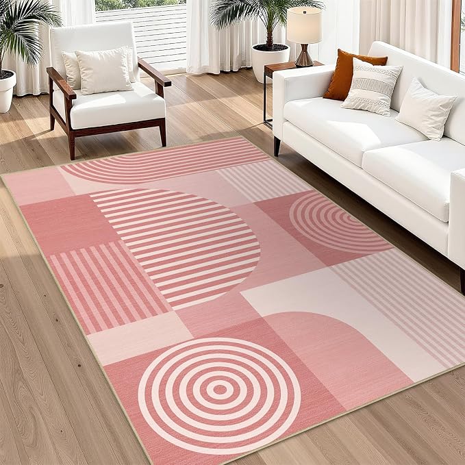 Area Rug 5x7 Pink Geometric Rug for Living Room Machine Washable Minimalist Line Mid Century Modern Rugs Non Slip Low Pile Large Dining Room Indoor Floor Carpet for Bedroom Kitchen Office,Pink