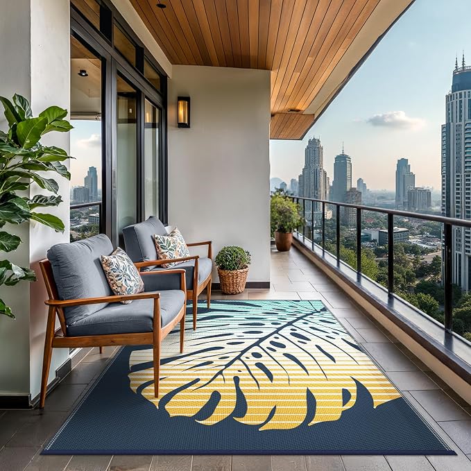 GENIMO Outdoor Rug 6' x 9' Waterproof for Patio Clearance, Reversible Plastic Straw Camping Mat, Lightweight Carpet for Rv, Camper, Deck, Porch, Picnic, Balcony, Beach,Yellow & Blue Blend