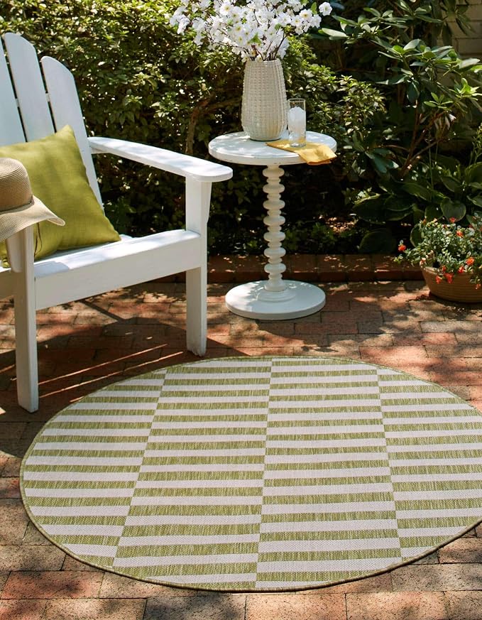 Unique Loom Outdoor Striped Collection Area Rug - Striped (10' Round Green/Ivory)