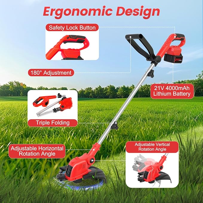 21V Weed Wacker Cordless String Trimmer with 2x4.0Ah Batteries & Fast Charger, 12" Automatic Feed Grass Trimmer, 2-in-1 Electric Weed Eater for Garden Edge Lawn Tool