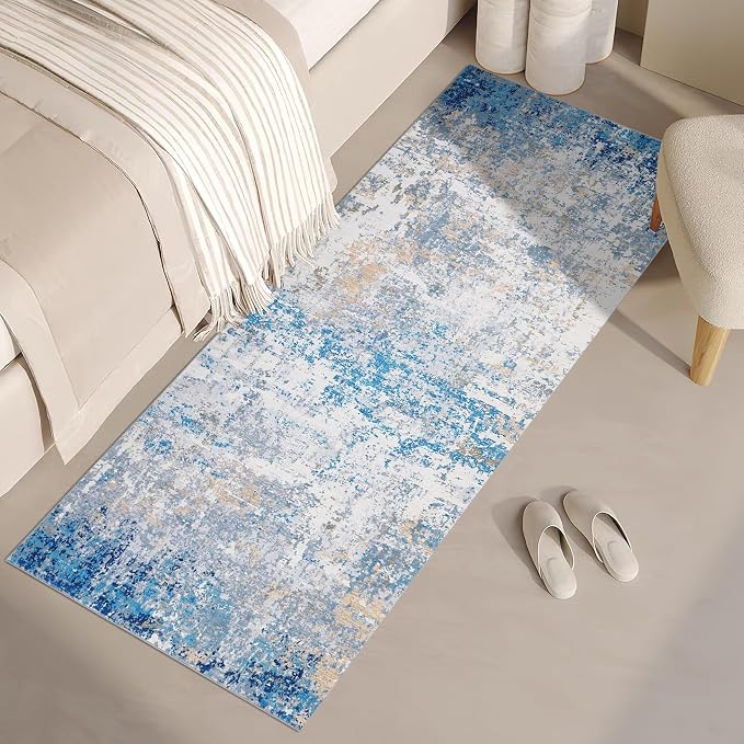 ROYHOME Modern Abstract 2x10 Runner Rug Non Slip, Blue/Grey | Non Shedding Rug Low Pile Stain Resistant for Bedroom Hallway Kitchen