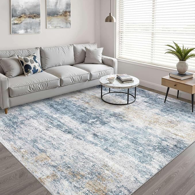 LOONGRUG 8x10 Area Rugs Washable Neutral Modern Living Room Rug Blue Gold | Abstract Soft Stain Resistant Indoor Non-Slip Carpet for Bedroom Nursery Kids Office Playroom Dining Room