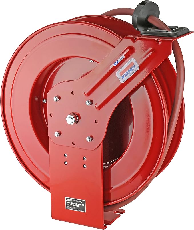 Lincoln 83753 Value Series Air/Water Retractable Hose Reel with 50' x 3/8" Rubber Air Hose, 1/4" NPT, 300 PSI, Slotted Mounting Base, 5-Position Adjustable Outlet Arm, All-Steel Construction, Red