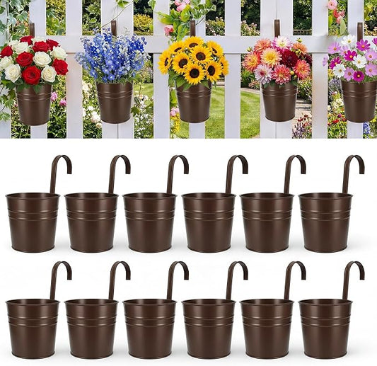 HowRU Hanging Flower Pots, Railing Planter Box for Outdoor Plants 12 Pack 5 Inch Metal Hanging Planters with Detachable Hooks Balcony Window Fence Garden Decoration Flower Boxes(Bronze(5in))