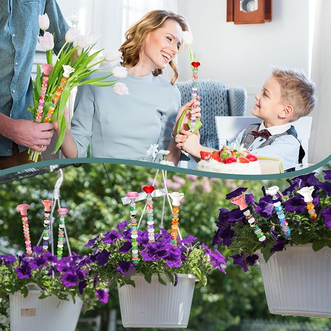 Tigeen 236 Pcs Garden Stake DIY Fairy Wand Plant Stake with 12 Colorful Crystal Stopper Top 12 Threaded Rod with 200 Large Hole Bead for Spring Summer Holiday Outdoor Decorations(Ceramic Rose Heart)