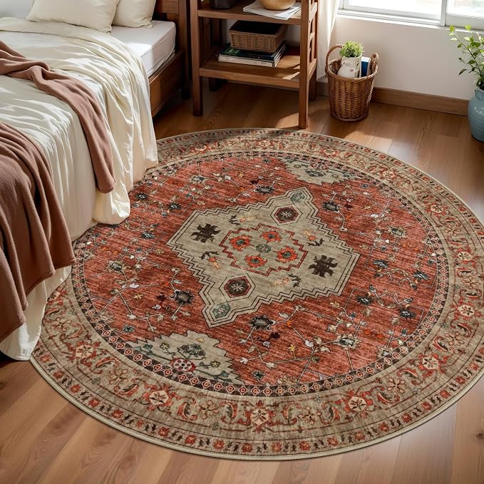 Tangsoo Boho Round Rug 4ft, Washable Non Slip Small Circle Rug Terracotta | Oriental Soft Low Pile Round Area Rug Carpet, Vintage Circular Rugs for Living Room Bedroom Entryway Dorm Office Home Decor