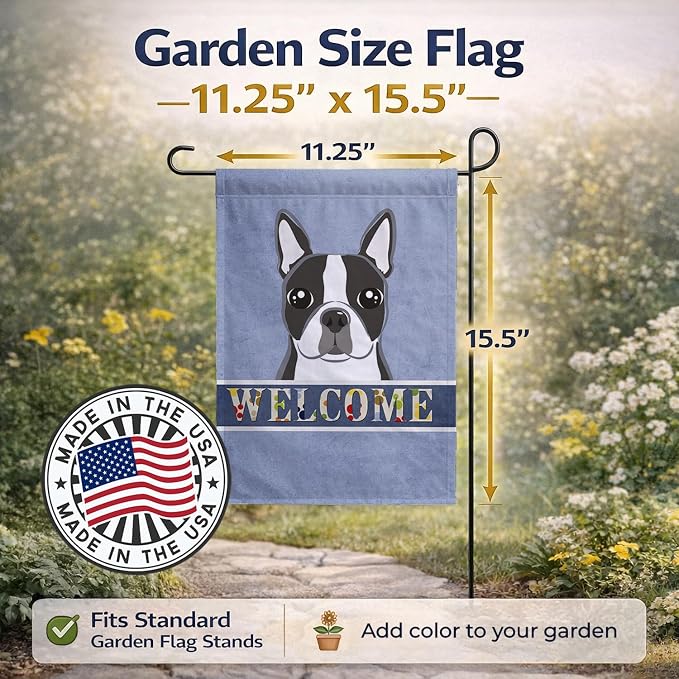 Caroline's Treasures BB1389GF Boston Terrier Welcome Garden Flag, Blue Mailbox Flag Decorative Yard Flag Banner Outside Patio Artwork Yard Flower Beds, Garden Size, Multicolor