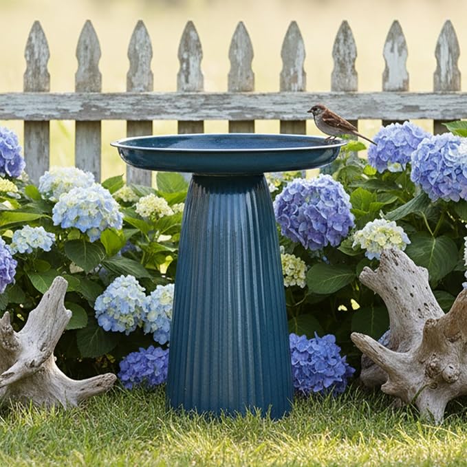 Sunnydaze Gleeful Garden 23" Iron Pedestal Bird Bath for Outside - Modern Shallow Basin Birdbath for Outdoors with UV-Protected Rust-Resistant Finish for Patio, Garden, Yard Decor - Blue Glaze