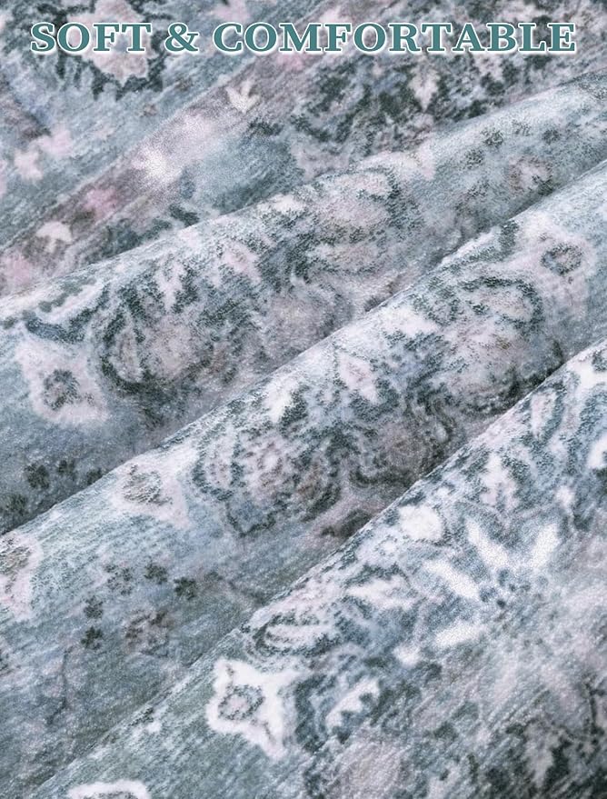 SERISSA 2'6"x10' Washable Non Slip Floral Boho Runner Rug for Hallway | Ultra Soft Vintage Floral Carpet Low-Pile Blue Grey Indoor Mat Throw Rug for Kitchen Stair Bedroom Bathroom Laundry Room