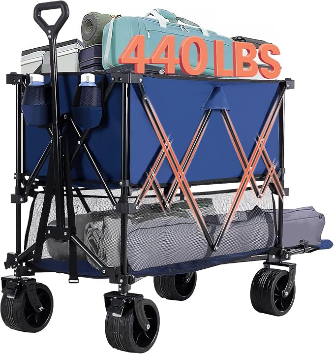 DUMOS 440LBS Heavy Duty Double Decker Wagon with 54IN Extender, 400L Large Capacity Collapsible Garden Cart, All-Terrain 7IN Wheels with Brakes, Foldable Utility Wagon for Shopping, Camping, Blue