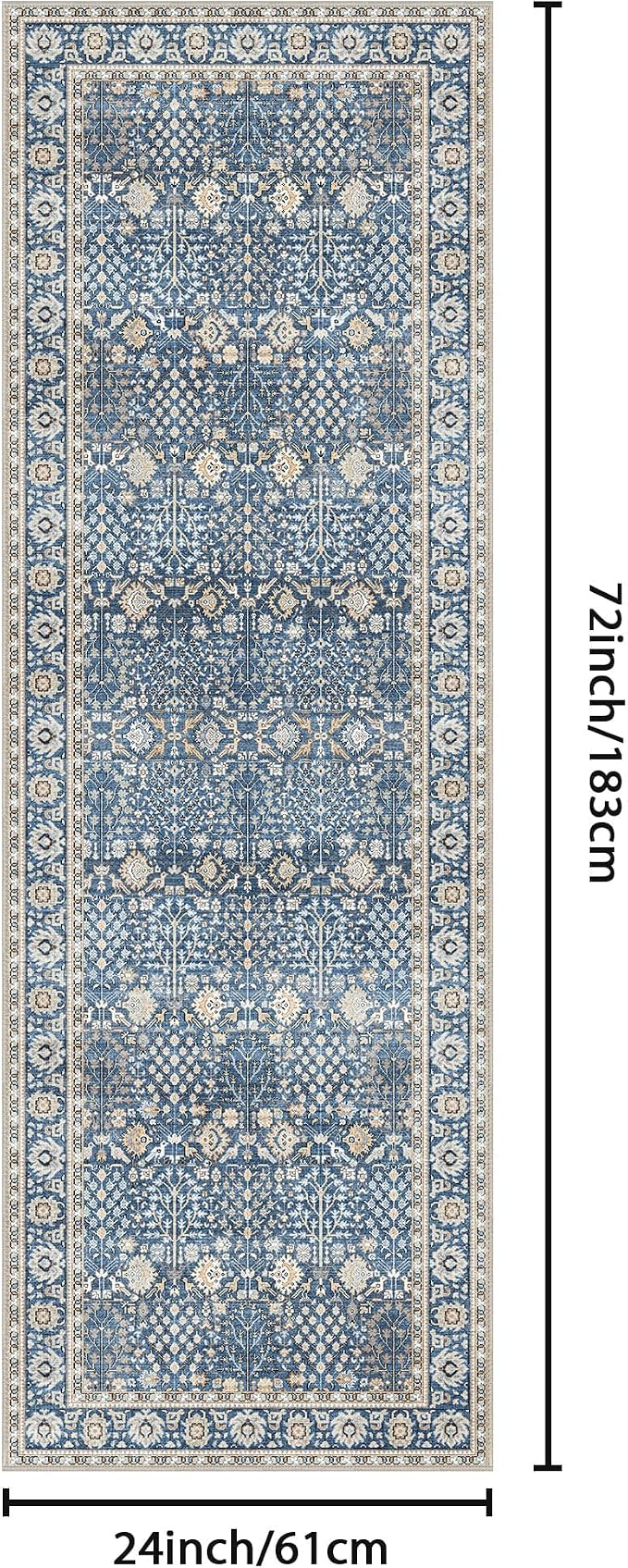 2x6 Kitchen Runner Rug, Washable Non Slip, Lake Blue | Vintage Floral Design, Spill Resistant Lightweight Low Pile Carpet for Hallway, Bedroom, Laundry Room, Bathroom