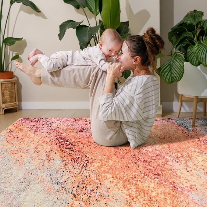 Toneed Washable 5x7 Galaxy Pink Area Rug with Non-Slip Backing for Living Room