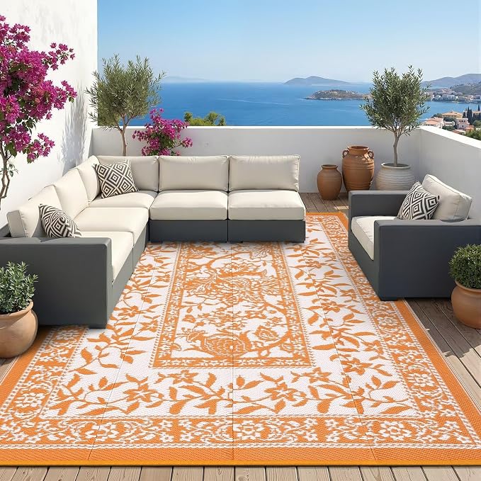 Garvee Outdoor Rug 5x8, Waterproof Reversible Foldable Plastic Straw Rug, Botanical cottagecore Outdoor Rugs Patio Camping RV Carpet for Deck Camper Porch Balcony Backyard Picnic Beach Orange