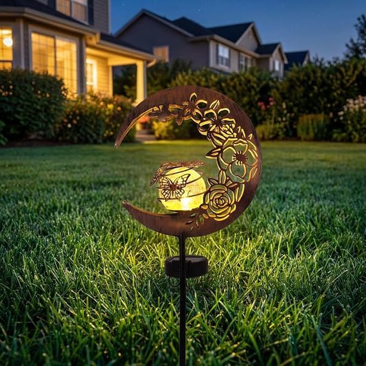 MEBRUDY Butterfly Solar Garden Outdoor Decor, Moon Figurine Light Stake Housewarming Ornament for Patio, Lawn, Yard, Pathway, Unique Gift Ideas for Gardening, Mom, Women, Grandma