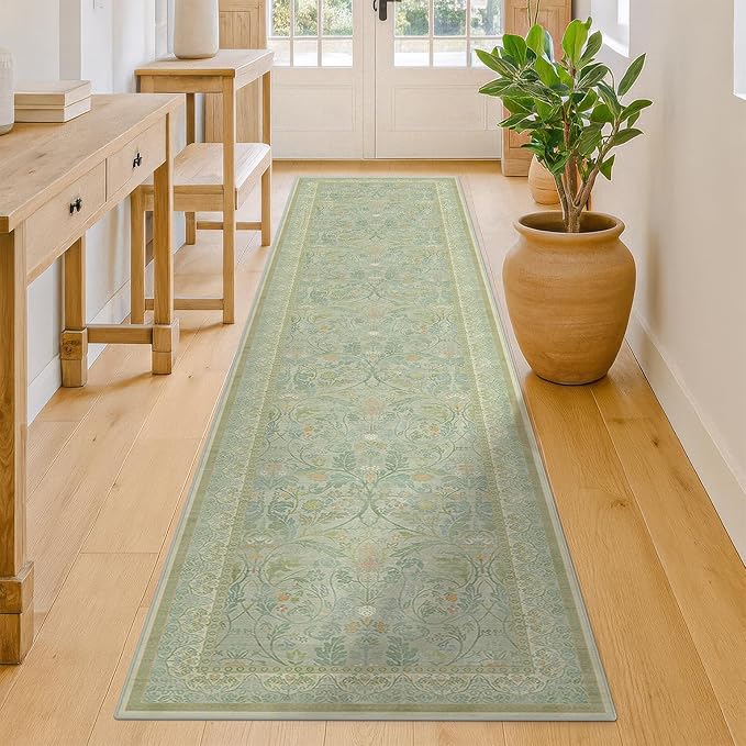 Cottagecore 2x10 Long Runner Rugs for Kitchen Hallway, Low Pile & Soft Forest Green Rug for Entry Door Mat, Floral Pattern Carpet with Non Slip Stain Resistant