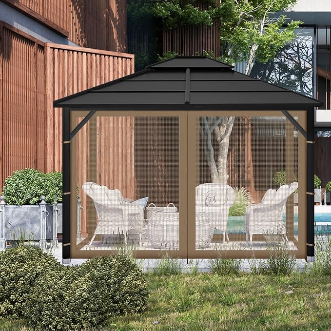 Gazebo Replacement Mosquito Netting Outdoor Universal Gazebo Canopy 4-Panels Screen Sidewalls with Zipper for Patio Garden (Brown, 10x10)