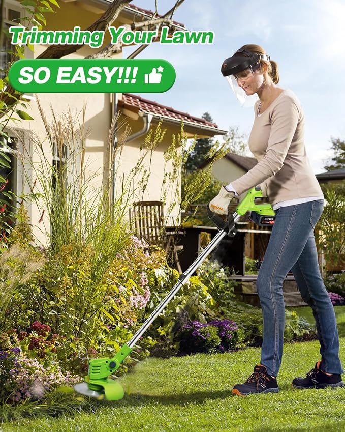 21V Weed Wacker Cordless, Electric Weed Eater Battery Powered | 2Pcs 4000mAh Batteries, 3 Types Blades, Lightweight Cordless Brush Cutter, Stringless Grass Trimmer, Green