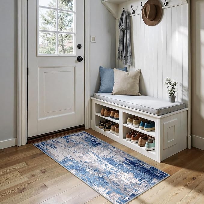 RELEANY Washable 2'x5' Abstract Area Rug for Living Room Blue Gray | Carpet for Bedroom, Kitchen, Office, Hallway and Entryway, Printed Pattern, Non‑Slip, Soft, Stain‑Resistant, Easy to Clean