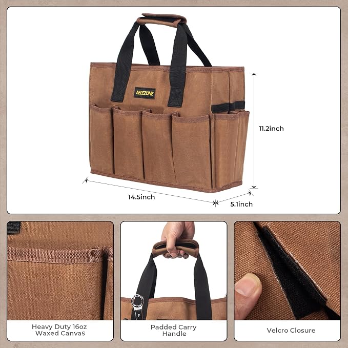 Tool Bag 16 oz. Waxed Canvas Tool Bag Large Capacity Tool Storage Tote comes with a Main Compartment and 12 Exterior Pockets for Wrenches, Scissors, Hammers or a set of Garden Tools and More - Khaki