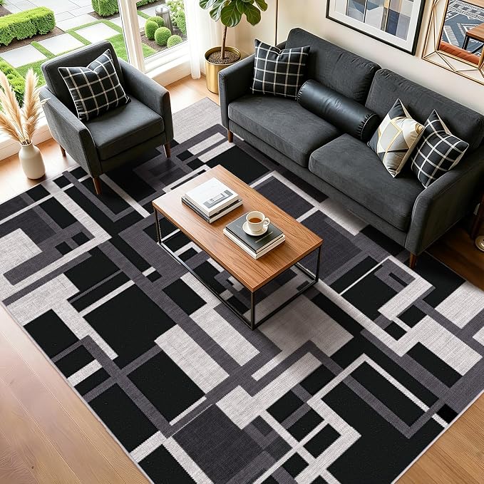Modern Geometric 6x9 Area Rugs for Living Room, Charcoal Black Washable Rug | Abstract Patchwork Blocks Non-Slip Indoor Carpet for Bedroom Dining Room Office | Black White Grey Soft Low-Pile Large Rug