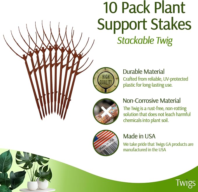 Twigs GA Stackable Plant Support Stakes, Begonia Red, 10-Pack, 17" L | Made in USA, UV-Protected Sticks, Natural-Looking Stem Support Stakes, Stackable Poles for Indoor & Outdoor Plants up to 5ft