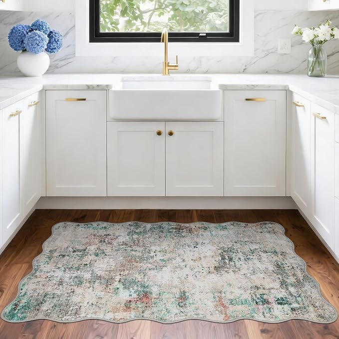 ROYHOME Modern Abstract 2x3 Scalloped Area Rug, Colorful | Non Slip Non Shedding Low Pile Stain Resistant Rug for Entryway Kitchen Bedroom