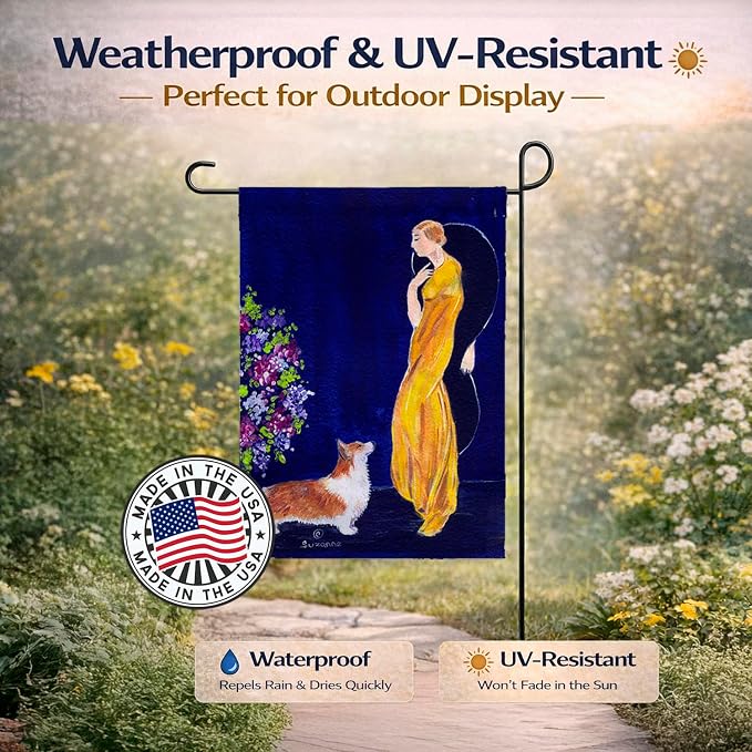 Caroline's Treasures SS8546GF Lady with her Corgi Garden Flag Mailbox Flag Decorative Yard Flag Banner Outside Patio Artwork Yard Flower Beds, Garden Size, Multicolor