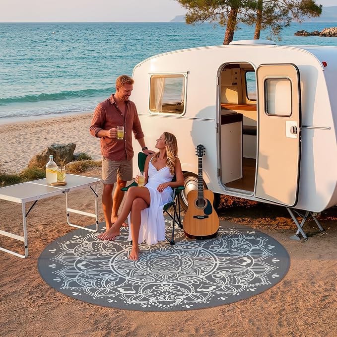 Pauwer Waterproof Outdoor Rug 8ft, Reversible Plastic Straw Patio Camping Rug, Indoor Outdoor RV Mat Carpet for Deck, Camper, Porch, Balcony, Backyard, Picnic, Floral Grey