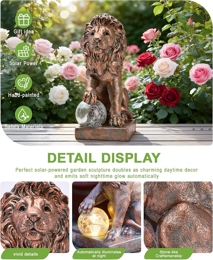 Guardian Lion Outdoor Statues for Garden with Solar Ball (Copper) | 9.45in IP65 Waterproof,Outside Decor, Yard Art Lawn Ornaments, Porch Patio Balcony Home House, Gifts for Mom Grandma Women