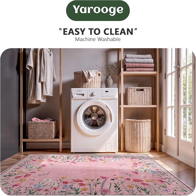 5x7 Area Rugs, Rugs for Bedroom, Indoor Non-Slip Washable Rug for Living Room, Dining Room, Low Pile Home Decor Floral Rug(Pink)