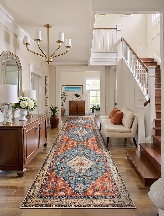 SERISSA 3x8 Washable Non Slip Boho Runner Rug for Hallway | Ultra Soft Vintage Oriental Carpet Low-Pile Tribal Floor Carpet for Stair Kitchen Bedroom Bathroom Laundry Room