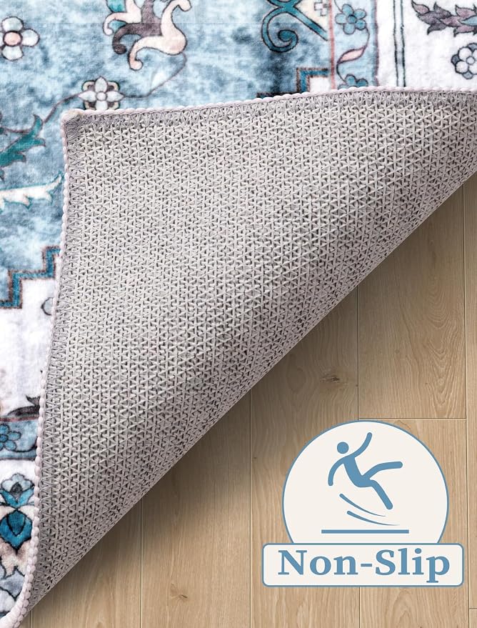 SERISSA 2x6 Washable Non Slip Boho Runner Rug for Hallway | Ultra Soft Vintage Oriental Carpet Low-Pile Distressed Blue Floor Carpet for Kitchen Bedroom Bathroom Laundry Living Room