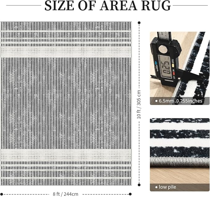 Washable 8x10 Modern Striped Area Rug, Abstract Large Living Room Rug | Black Beige, Soft Low Pile, Skin Friendly, Non-Slip for High Traffic, Bedroom Vintage Braided Paid Style Home Decor
