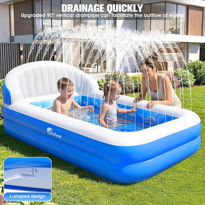 FizZeal Inflatable Kiddie Pool with Sprinkler & Backrest | Rectangular design,specially for toddlers,ideal outdoor backyard inflatable swimming pool for kids summer water entertainment