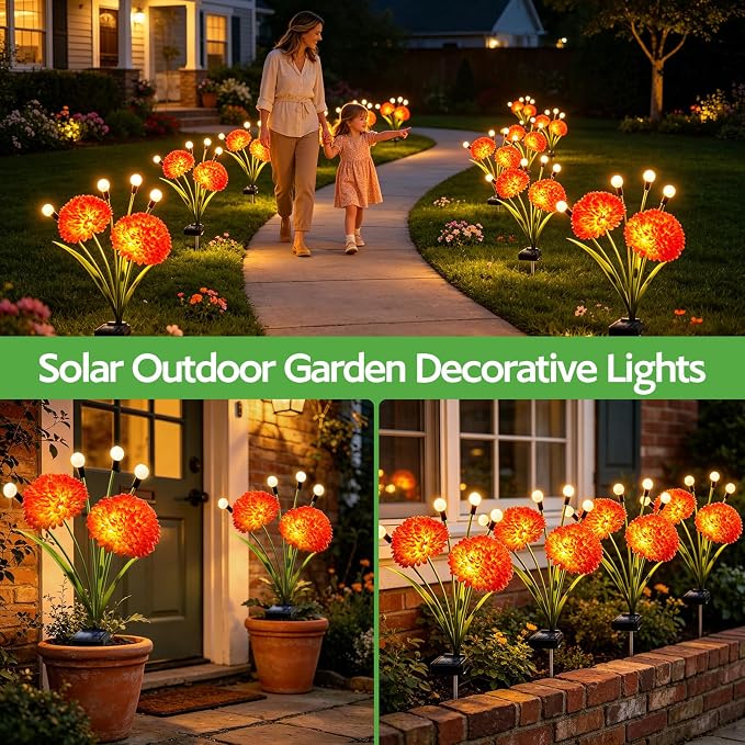 Solar Firefly Lights Outdoor Waterproof, 4 Pack Solar Flowers Swaying Lights with Flowers, Flower Light Garden Decor for Outside Yard Patio Halloween Christmas, Gifts for Women Grandma