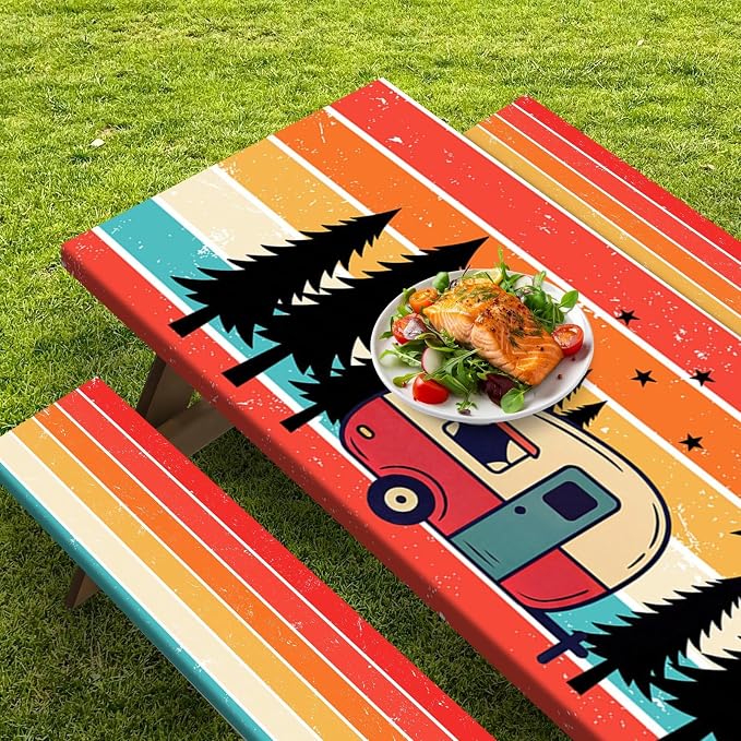 Picnic Table Cover with Bench Covers Elastic Edges, Rainbow Camper Fitted Table Cover, Outdoor Camping Essentials 72 Inch 3PCS, Waterproof Camping Fitted Tablecloth with Drawstring Bag