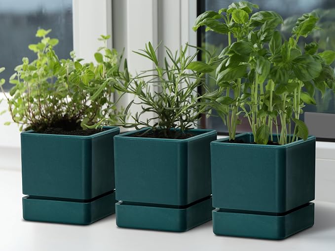 D'vine Dev 4 Inch Herb Planter Pot, Plastic Planter with Drainage Holes and Saucer, Modern Decorative Gardening Pot for Indoor Plants, Flowers, Herbs, Succulents, Green, Set of 3, 76-Y-C-3