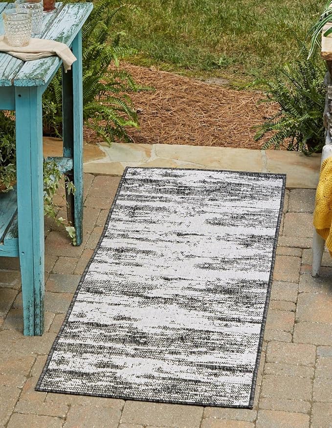 Unique Loom Outdoor Modern Collection Area Rug - Cartago (2' x 6' 1" Runner, Charcoal/ Ivory)