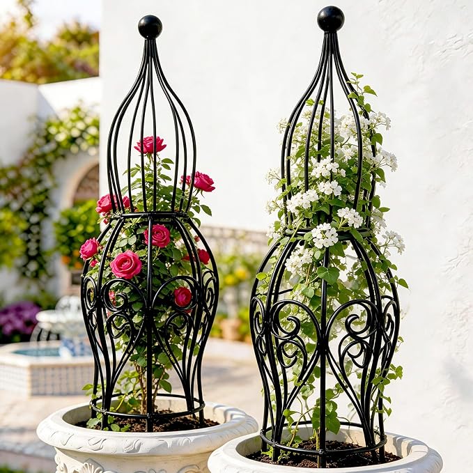 2-Pack Metal Garden Obelisk Trellis, 26.4" Butterfly Rose Plant Support | fits 9-12in planters,metal topiary trellis for roses clematis ivy jasmine, 2-pack patio outdoor plant support