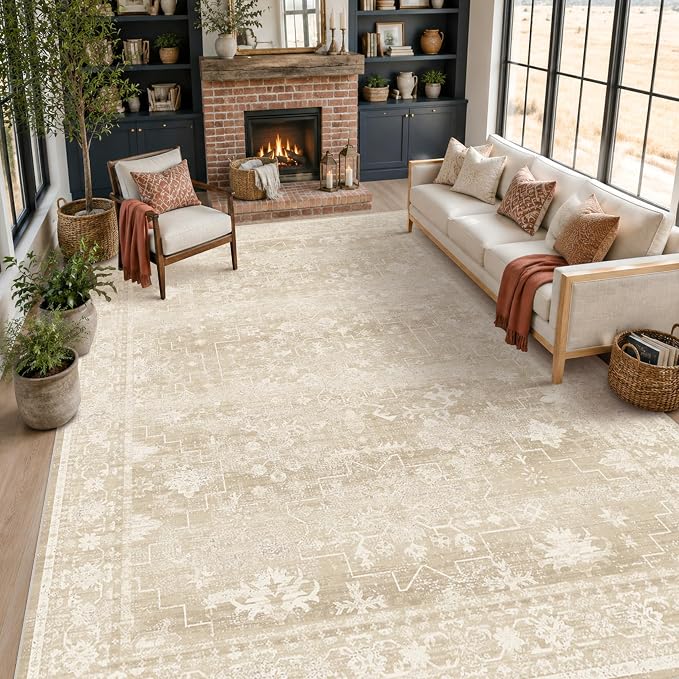 Farmhouse 9x12 Beige Large Area Rugs for Living Room, Neutral Creamy Sandy Gold Washable Rug for Bedroom Under Bed with Distressed Geometric Design, Soft Stain Resistant Low Pile Non-Slip